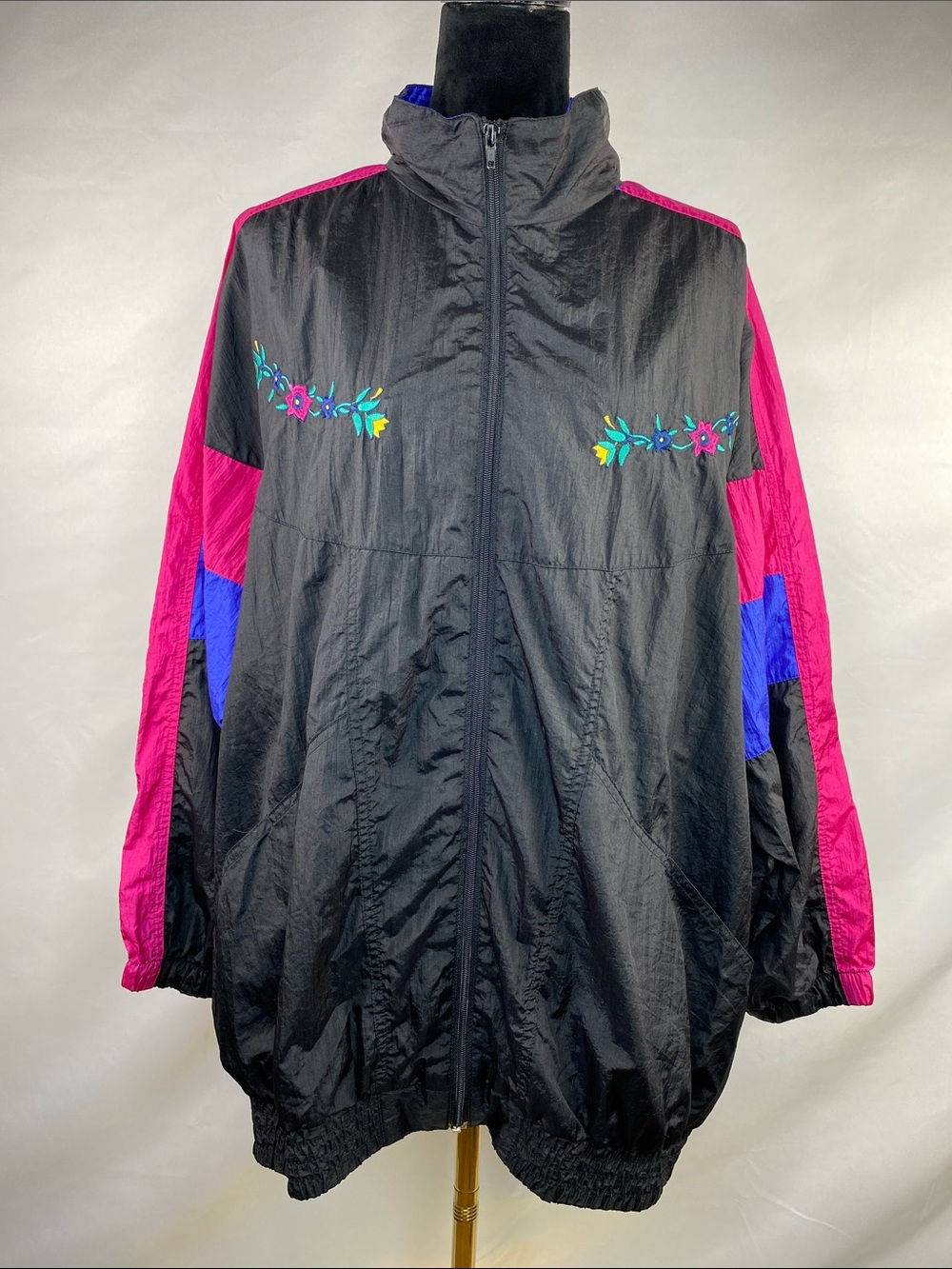 Vintage 1980s Roaman’s Colorblock Floral Embroidered Oversized Windbreaker
